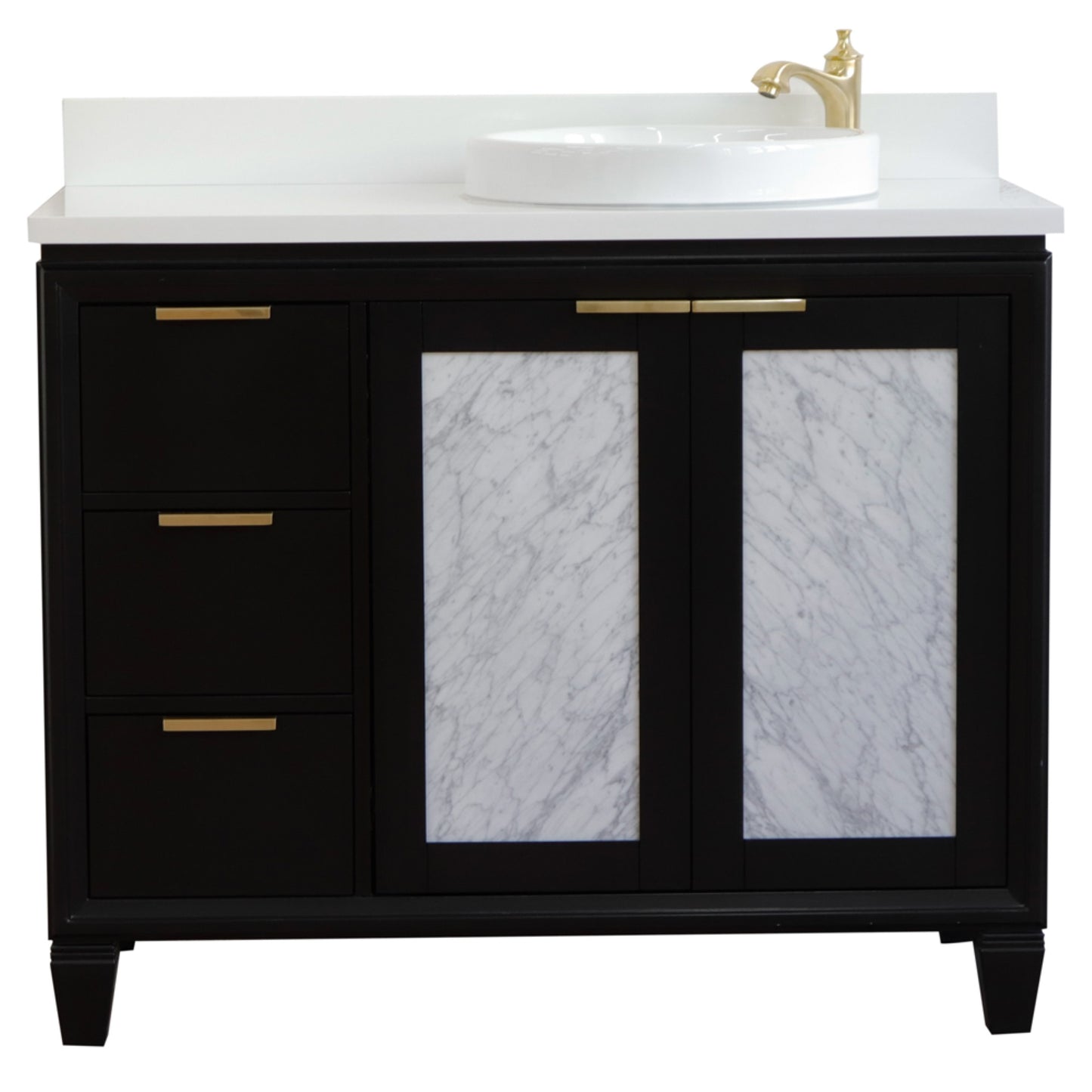 43" Single vanity in Black finish with White engineered stone and round sink Right door/Right sink