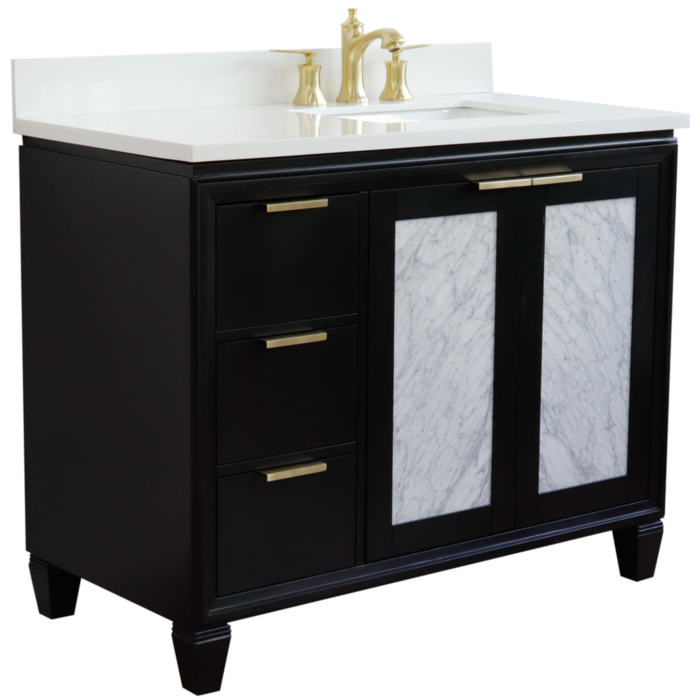 43" Single vanity in Black finish with White engineered stone and rectangle sink Right door/Right sink