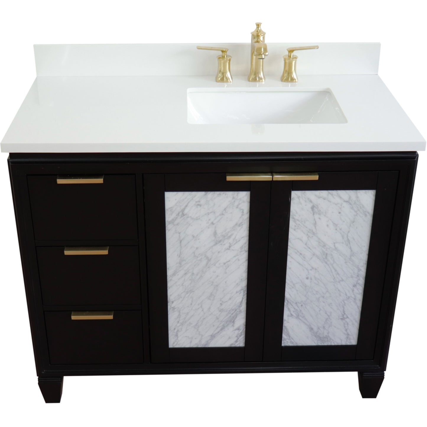 43" Single vanity in Black finish with White engineered stone and rectangle sink Right door/Right sink