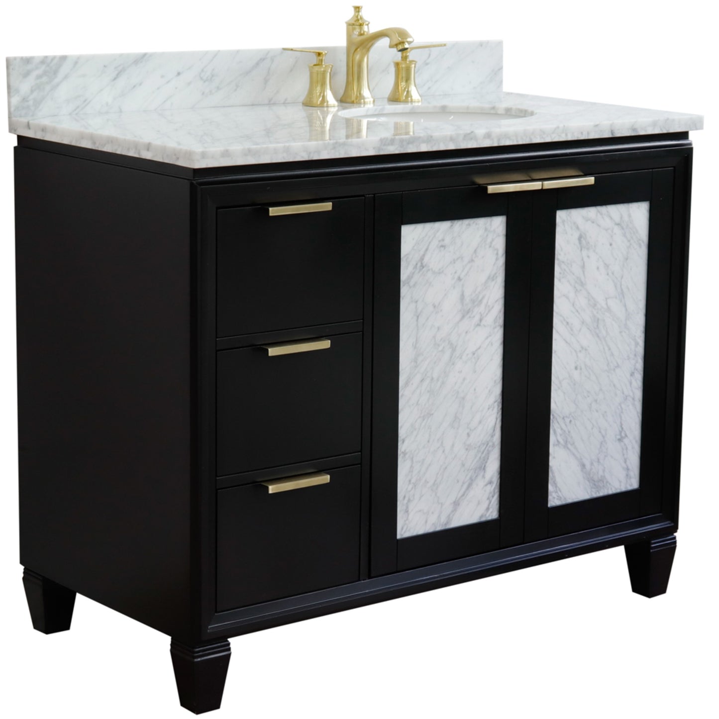43" Single vanity in Black finish with White Carrara and oval sink Right door/Right sink