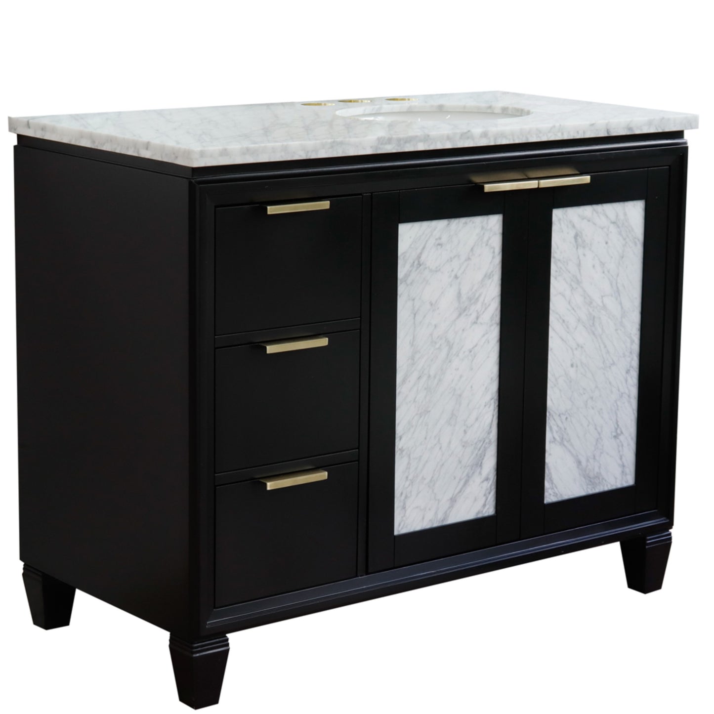 43" Single vanity in Black finish with White Carrara and oval sink Right door/Right sink