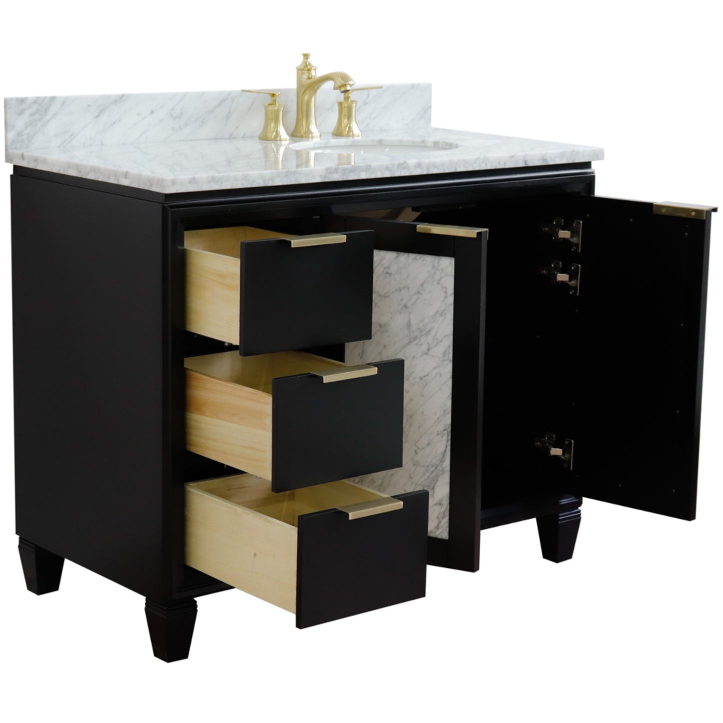43" Single vanity in Black finish with White Carrara and oval sink Right door/Right sink