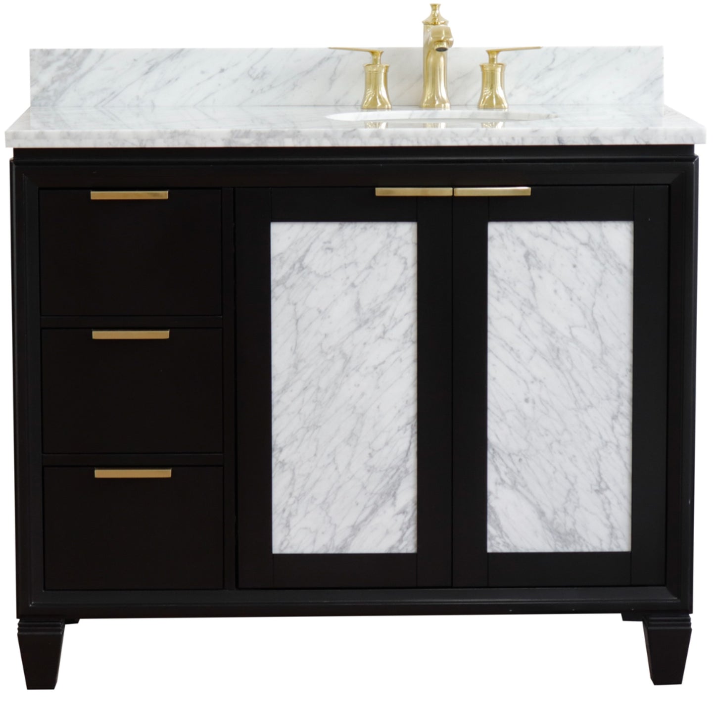43" Single vanity in Black finish with White Carrara and oval sink Right door/Right sink