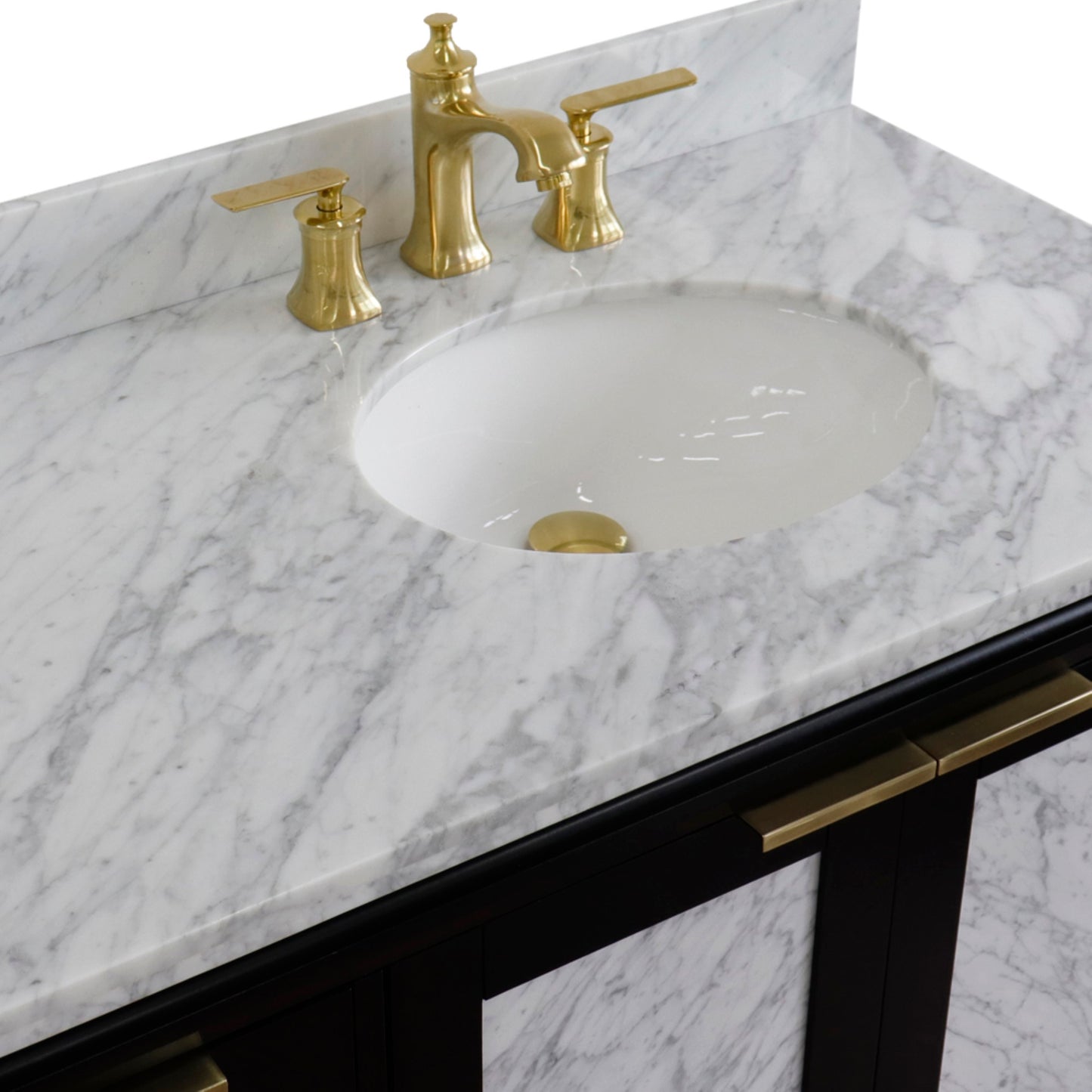 43" Single vanity in Black finish with White Carrara and oval sink Right door/Right sink