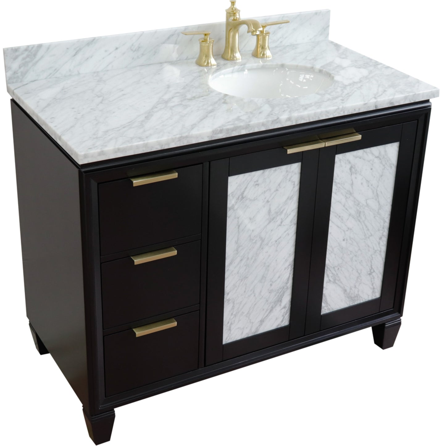 43" Single vanity in Black finish with White Carrara and oval sink Right door/Right sink