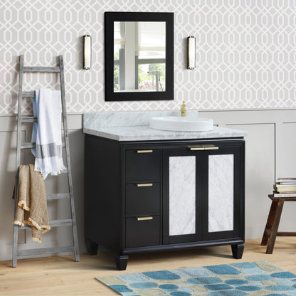 43" Single vanity in Black finish with White Carrara and round sink Right door/Right sink