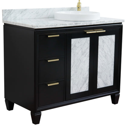 43" Single vanity in Black finish with White Carrara and round sink Right door/Right sink