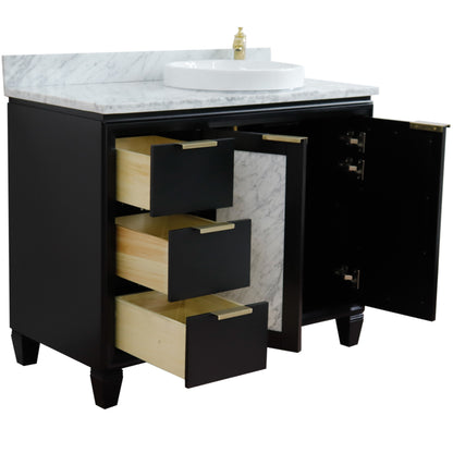 43" Single vanity in Black finish with White Carrara and round sink Right door/Right sink