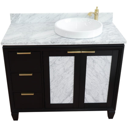 43" Single vanity in Black finish with White Carrara and round sink Right door/Right sink