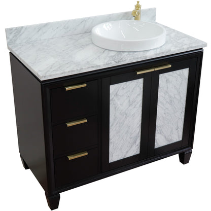 43" Single vanity in Black finish with White Carrara and round sink Right door/Right sink