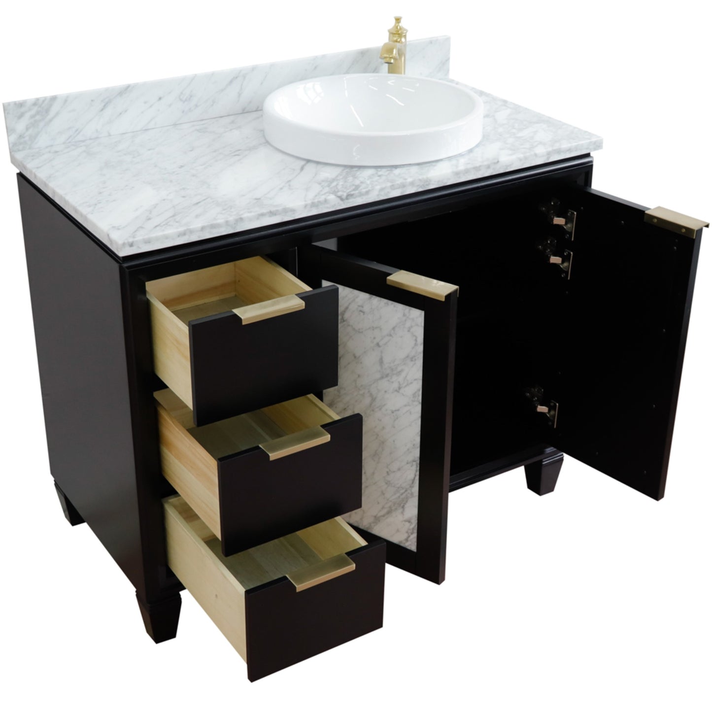 43" Single vanity in Black finish with White Carrara and round sink Right door/Right sink