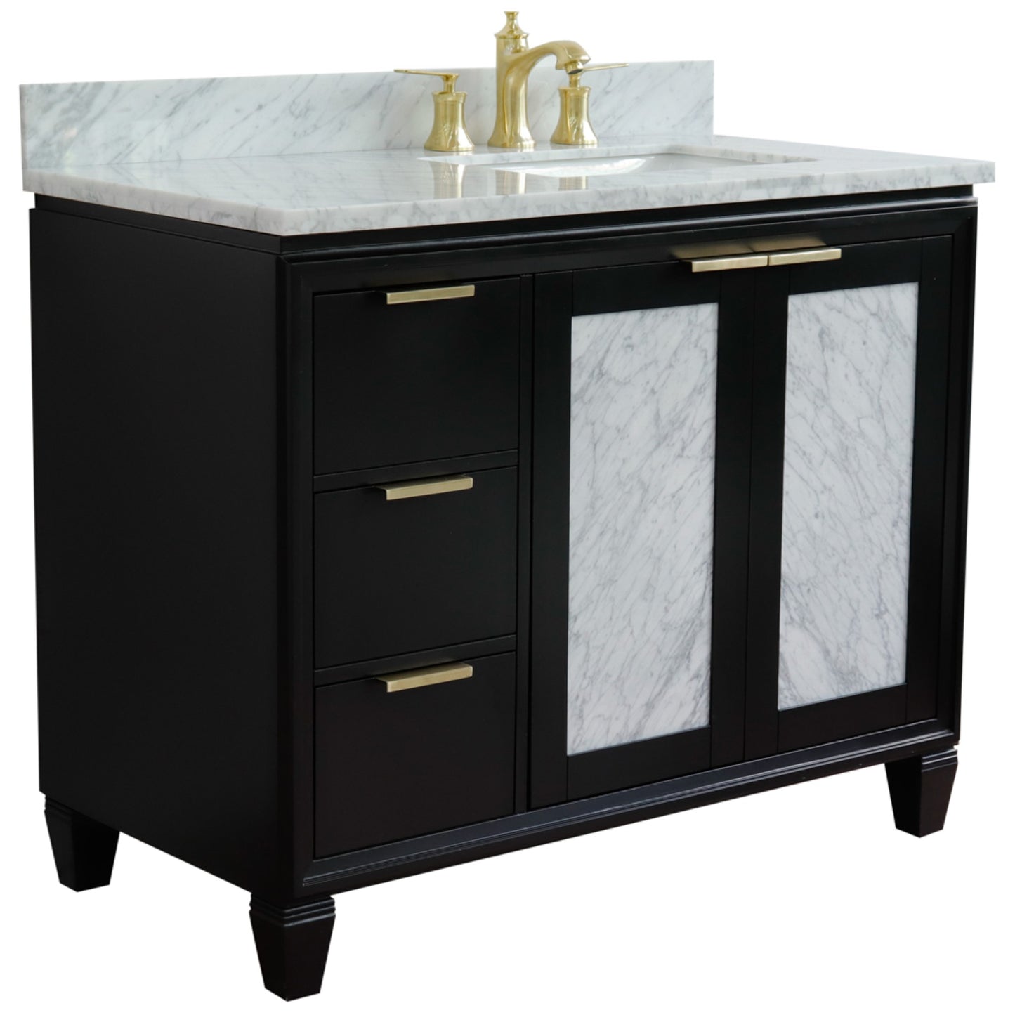 43" Single vanity in Black finish with White Carrara and rectangle sink Right door/Right sink