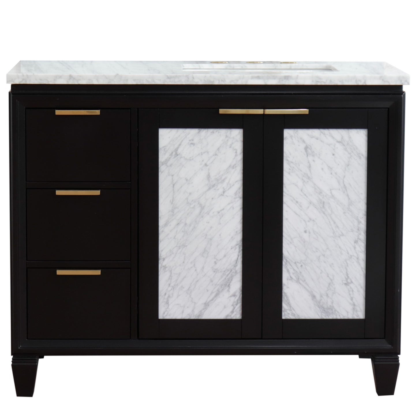 43" Single vanity in Black finish with White Carrara and rectangle sink Right door/Right sink