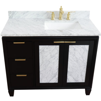 43" Single vanity in Black finish with White Carrara and rectangle sink Right door/Right sink