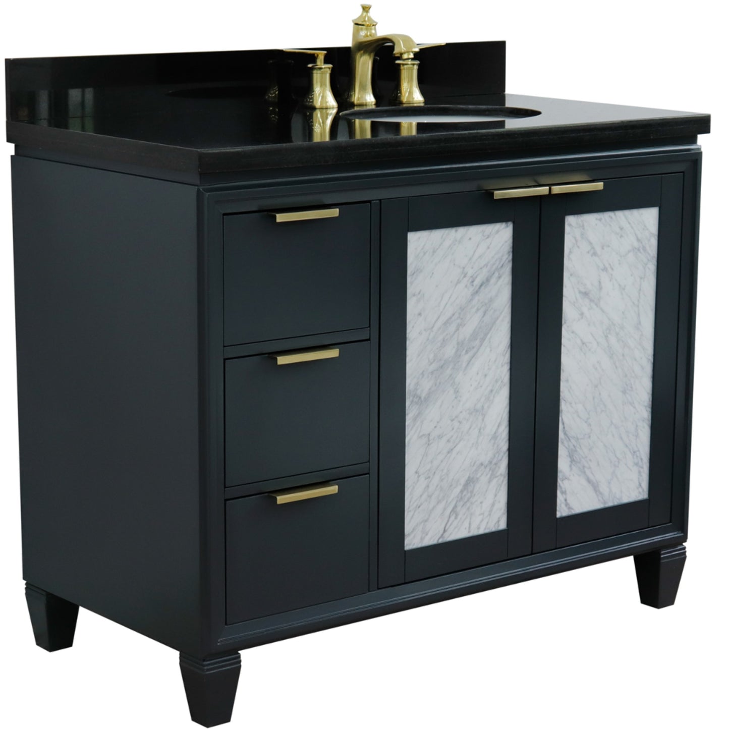 43" Single vanity in Dark Gray finish with Black galaxy and oval sink Right door/Right sink
