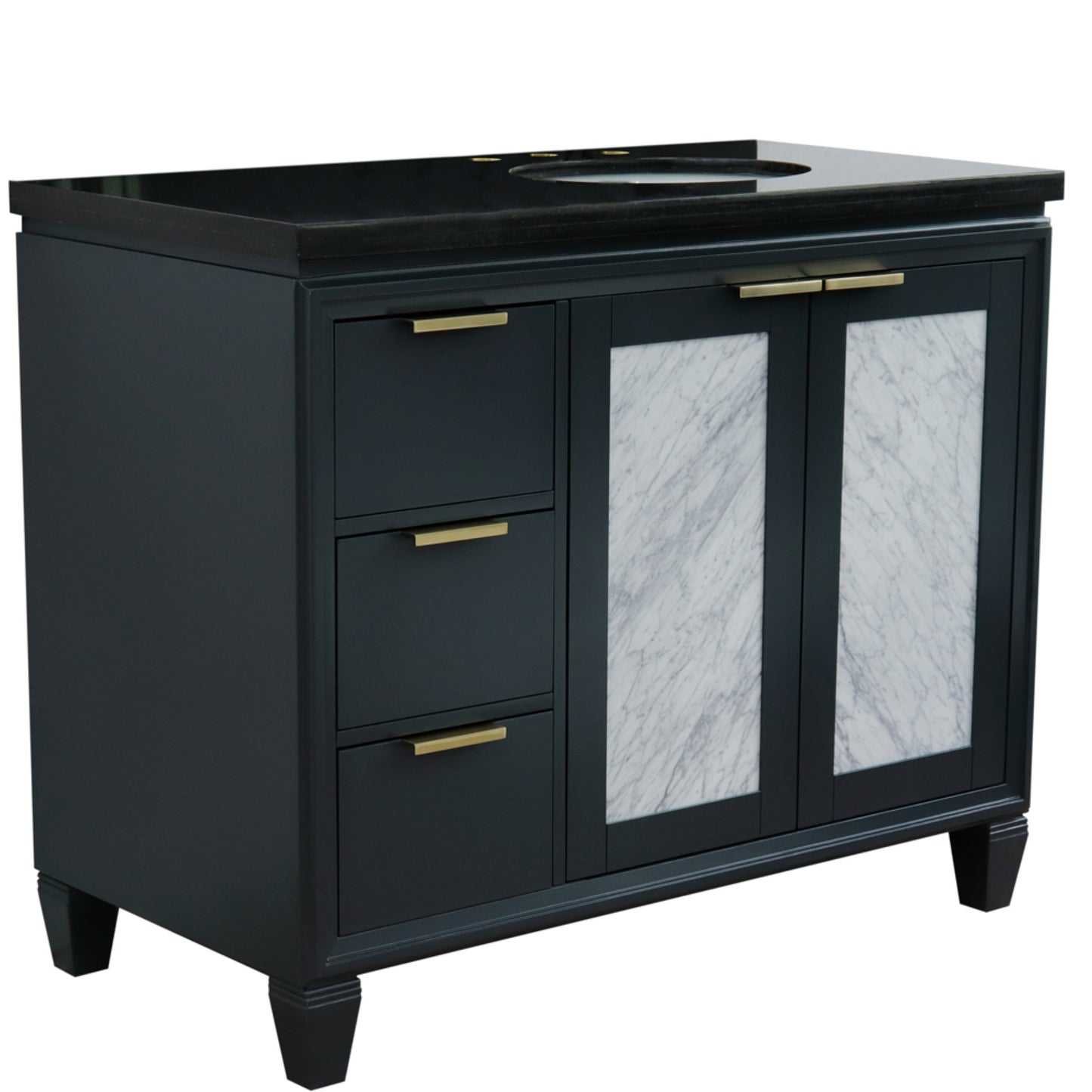 43" Single vanity in Dark Gray finish with Black galaxy and oval sink Right door/Right sink