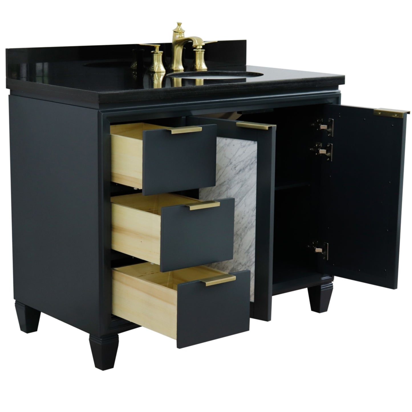 43" Single vanity in Dark Gray finish with Black galaxy and oval sink Right door/Right sink