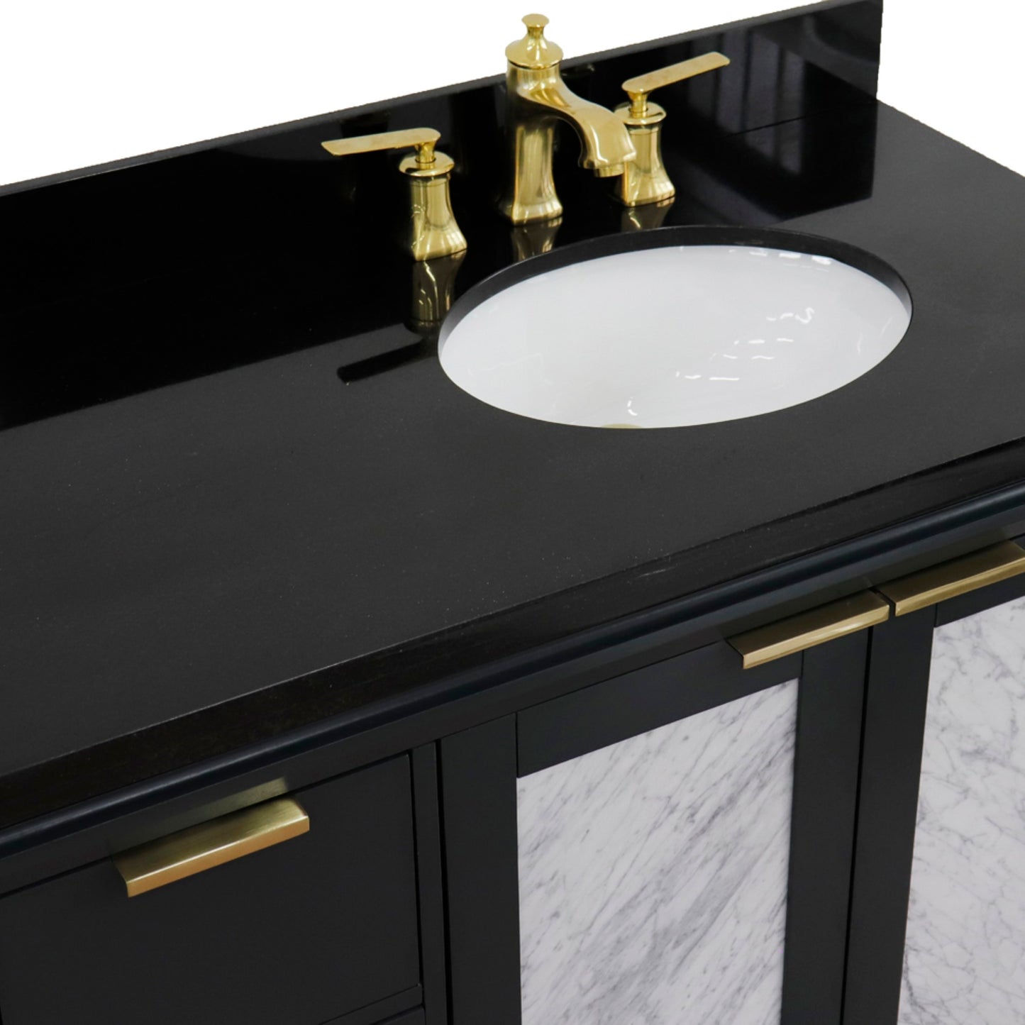 43" Single vanity in Dark Gray finish with Black galaxy and oval sink Right door/Right sink