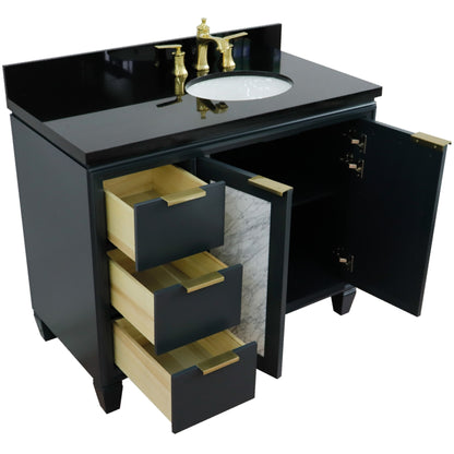 43" Single vanity in Dark Gray finish with Black galaxy and oval sink Right door/Right sink