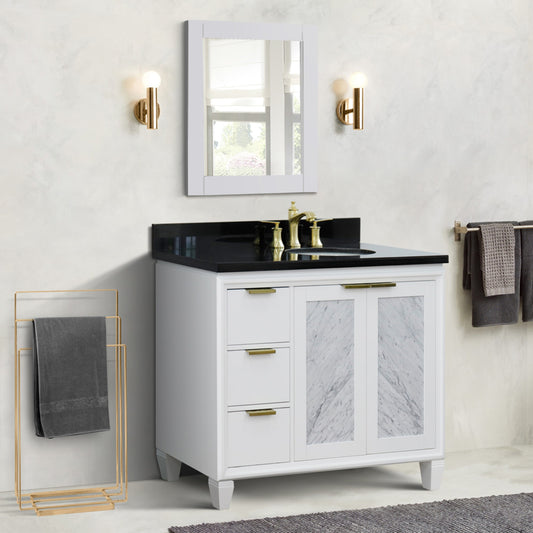 43" Single vanity in White finish with Black galaxy and oval sink Right door/Right sink