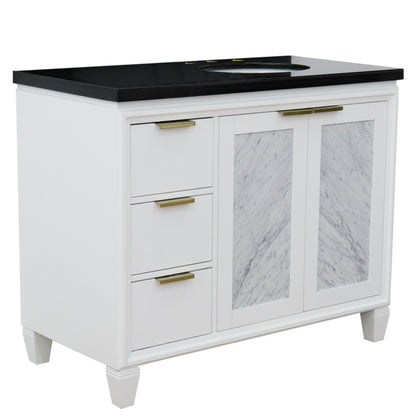 43" Single vanity in White finish with Black galaxy and oval sink Right door/Right sink