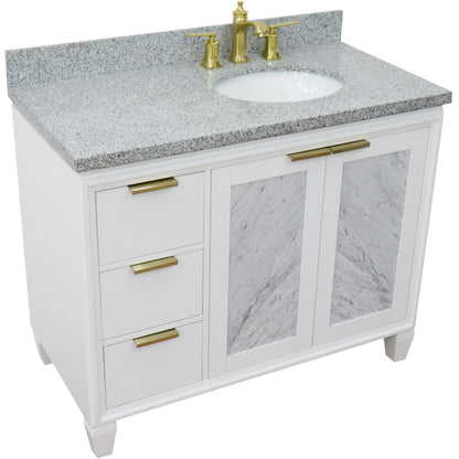 43" Single vanity in White finish with Gray granite and oval sink Right door/Right sink