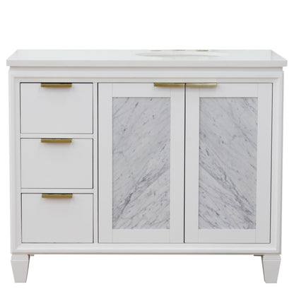 43" Single vanity in White finish with White engineered stone and oval sink Right door/Right sink