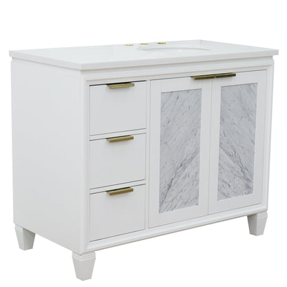 43" Single vanity in White finish with White engineered stone and oval sink Right door/Right sink
