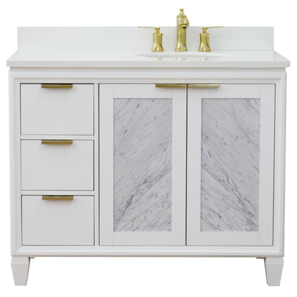 43" Single vanity in White finish with White engineered stone and oval sink Right door/Right sink