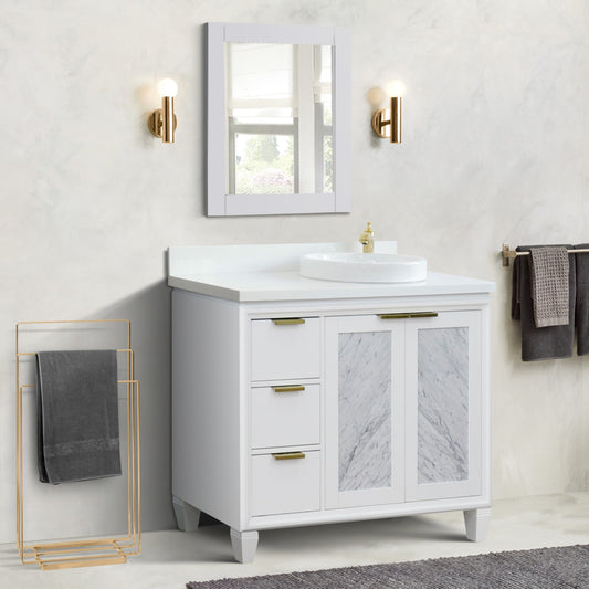 43" Single vanity in White finish with White engineered stone and round sink Right door/Right sink