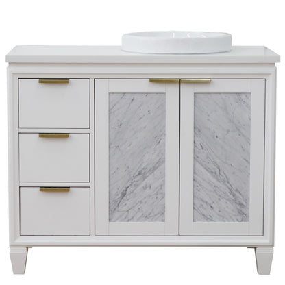 43" Single vanity in White finish with White engineered stone and round sink Right door/Right sink