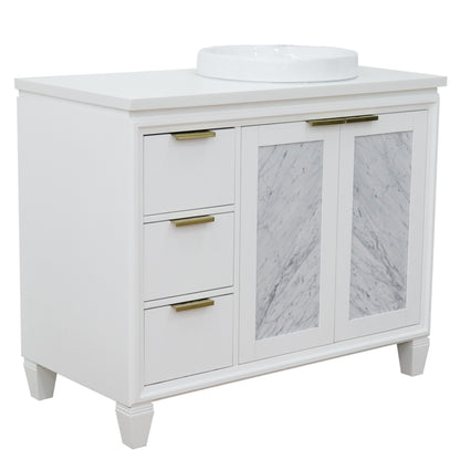 43" Single vanity in White finish with White engineered stone and round sink Right door/Right sink