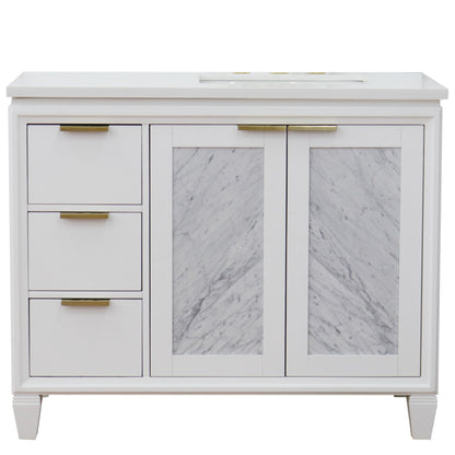 43" Single vanity in White finish with White engineered stone and rectangle sink Right door/Right sink