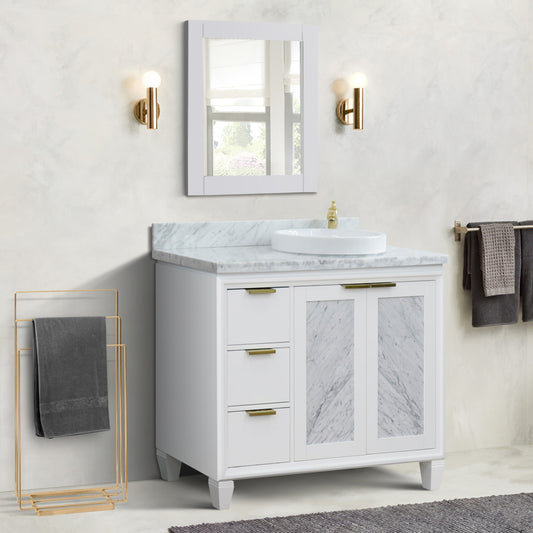 43" Single vanity in White finish with White Carrara and round sink Right door/Right sink