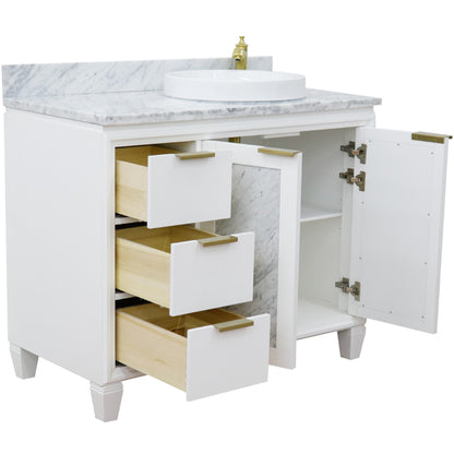 43" Single vanity in White finish with White Carrara and round sink Right door/Right sink