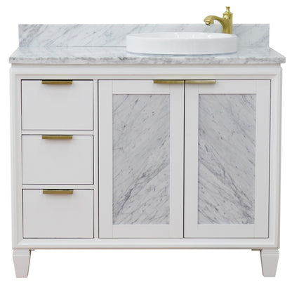 43" Single vanity in White finish with White Carrara and round sink Right door/Right sink