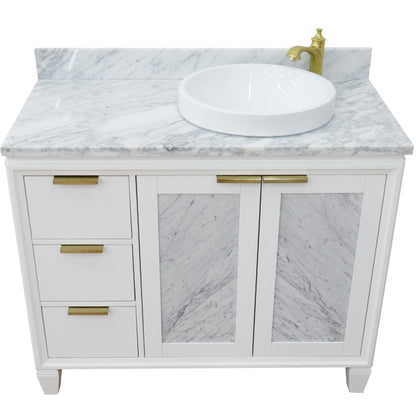 43" Single vanity in White finish with White Carrara and round sink Right door/Right sink