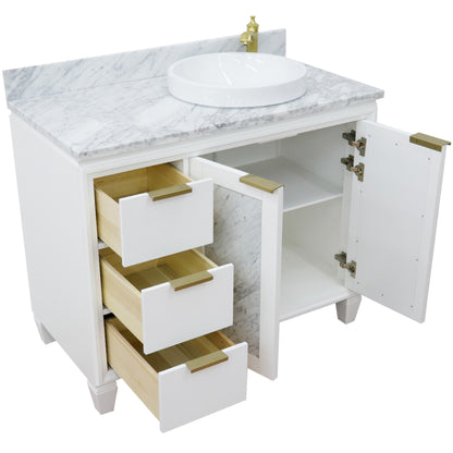 43" Single vanity in White finish with White Carrara and round sink Right door/Right sink