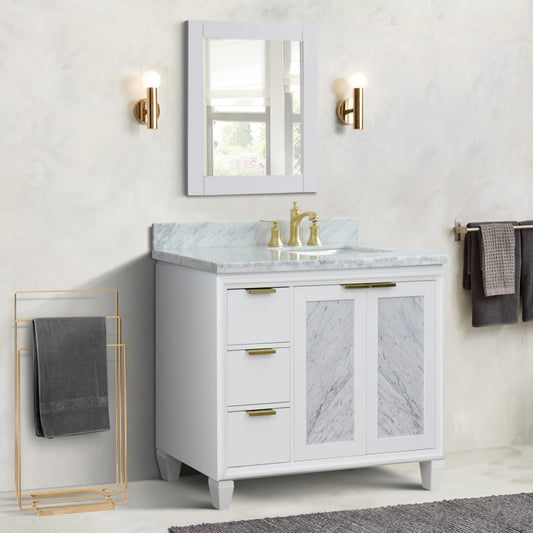 43" Single vanity in White finish with White Carrara and rectangle sink Right door/Right sink