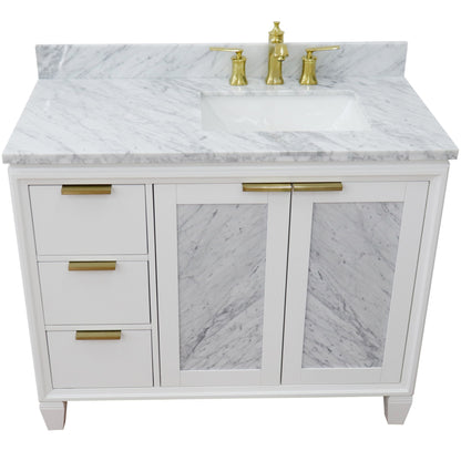 43" Single vanity in White finish with White Carrara and rectangle sink Right door/Right sink