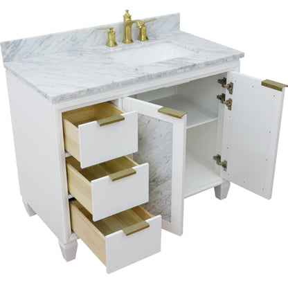 43" Single vanity in White finish with White Carrara and rectangle sink Right door/Right sink