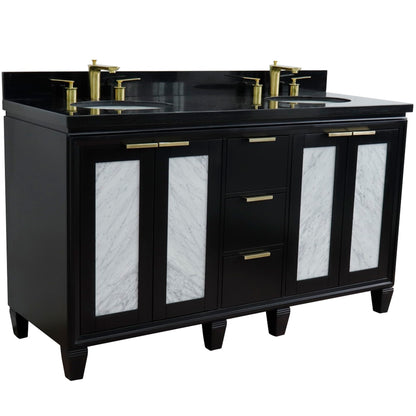 61" Double sink vanity in Black finish with Black galaxy granite and oval sink