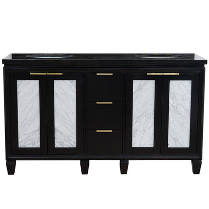 61" Double sink vanity in Black finish with Black galaxy granite and oval sink