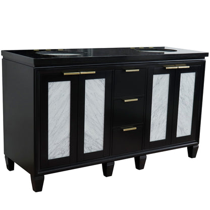 61" Double sink vanity in Black finish with Black galaxy granite and oval sink