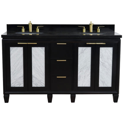 61" Double sink vanity in Black finish with Black galaxy granite and oval sink