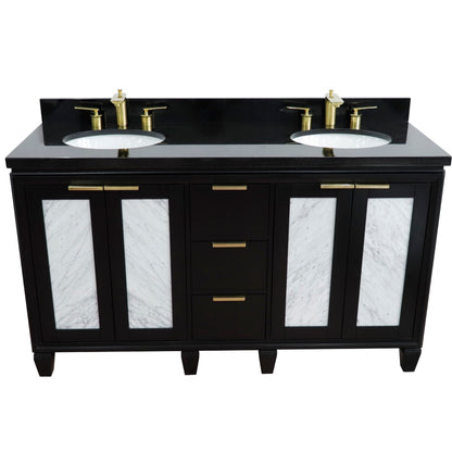 61" Double sink vanity in Black finish with Black galaxy granite and oval sink