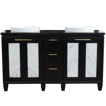61" Double sink vanity in Black finish with Black galaxy granite and round sink