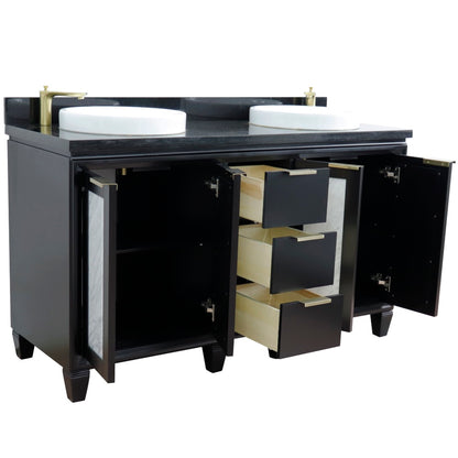 61" Double sink vanity in Black finish with Black galaxy granite and round sink