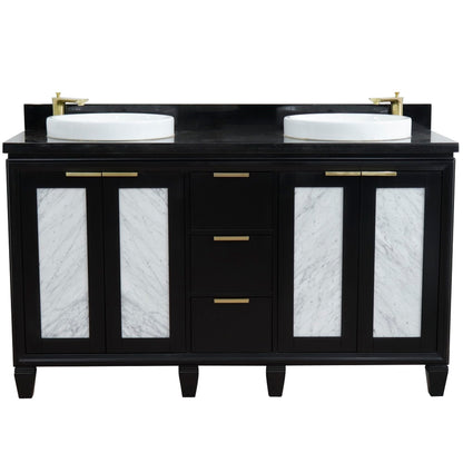 61" Double sink vanity in Black finish with Black galaxy granite and round sink