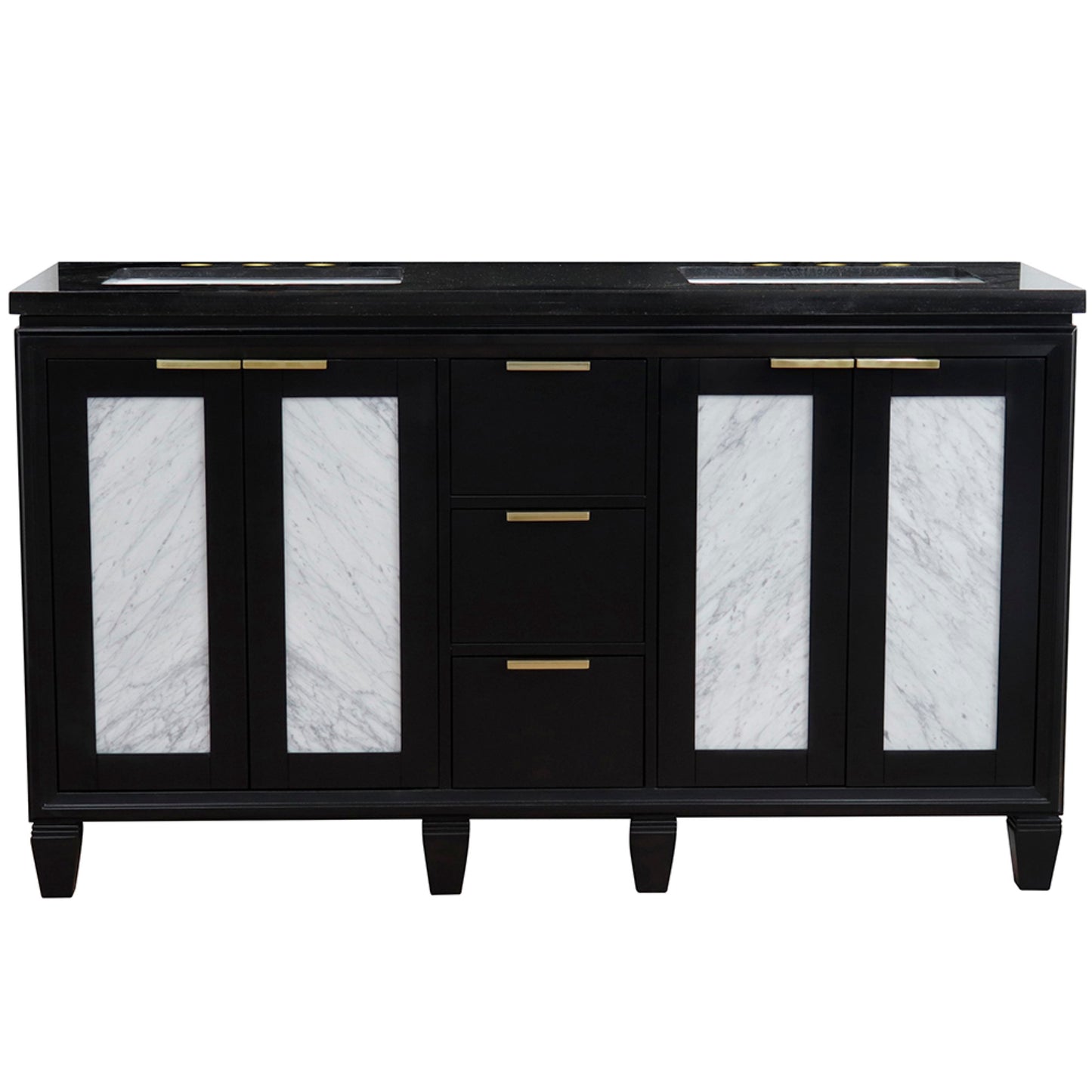 61" Double sink vanity in Black finish with Black galaxy granite and rectangle sink